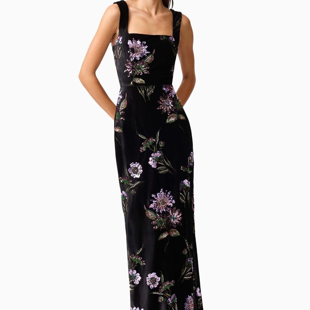 Elliatt Clio Embellished Velvet Sheath Gown with purple sequin flowers
